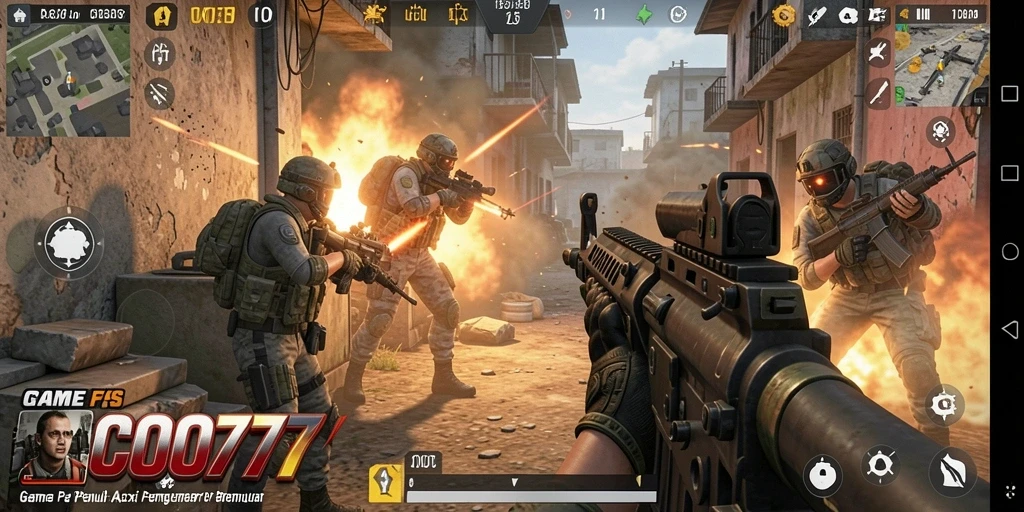 Screenshot utama COO77 menampilkan aksi intens dalam pertempuran FPS.