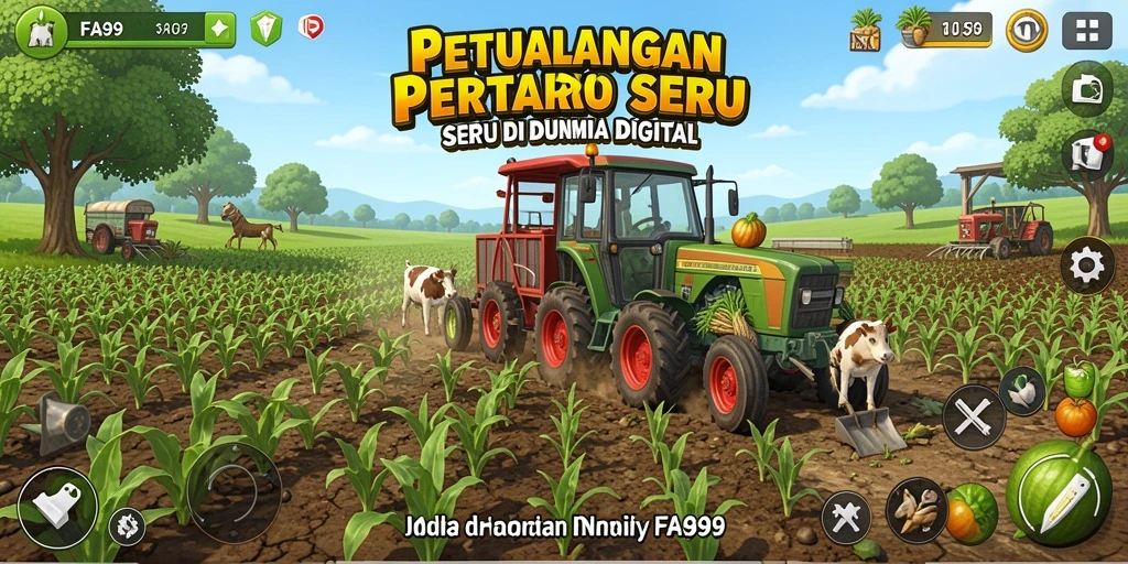Screenshot permainan FA99 menunjukkan kebun yang cantik dengan berbagai jenis tanaman.
