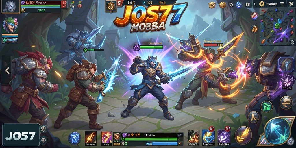 Tangkapan layar JOS77 menampilkan aksi pertarungan tim yang seru di arena MOBA.