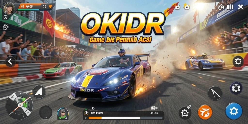 Gameplay OKIDR menampilkan lintasan balap yang menegangkan dan mobil yang berkecepatan tinggi.
